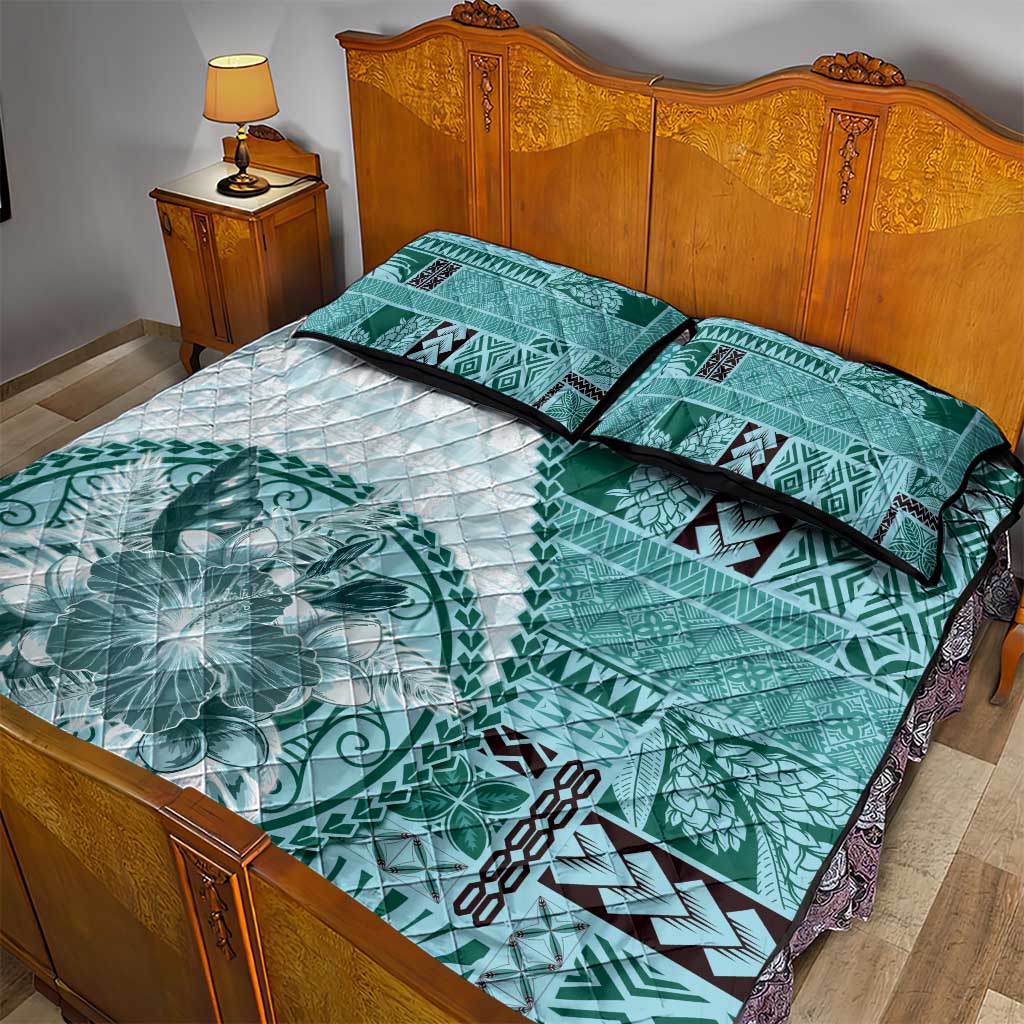 Samoa Siapo Elegant Quilt Bed Set Hibiscus Teal Motifs - Polynesian Pride