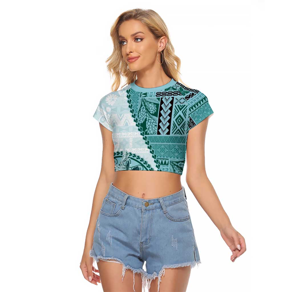 Samoa Siapo Elegant Raglan Cropped T Shirt Hibiscus Teal Motifs LT05 Female Teal - Polynesian Pride