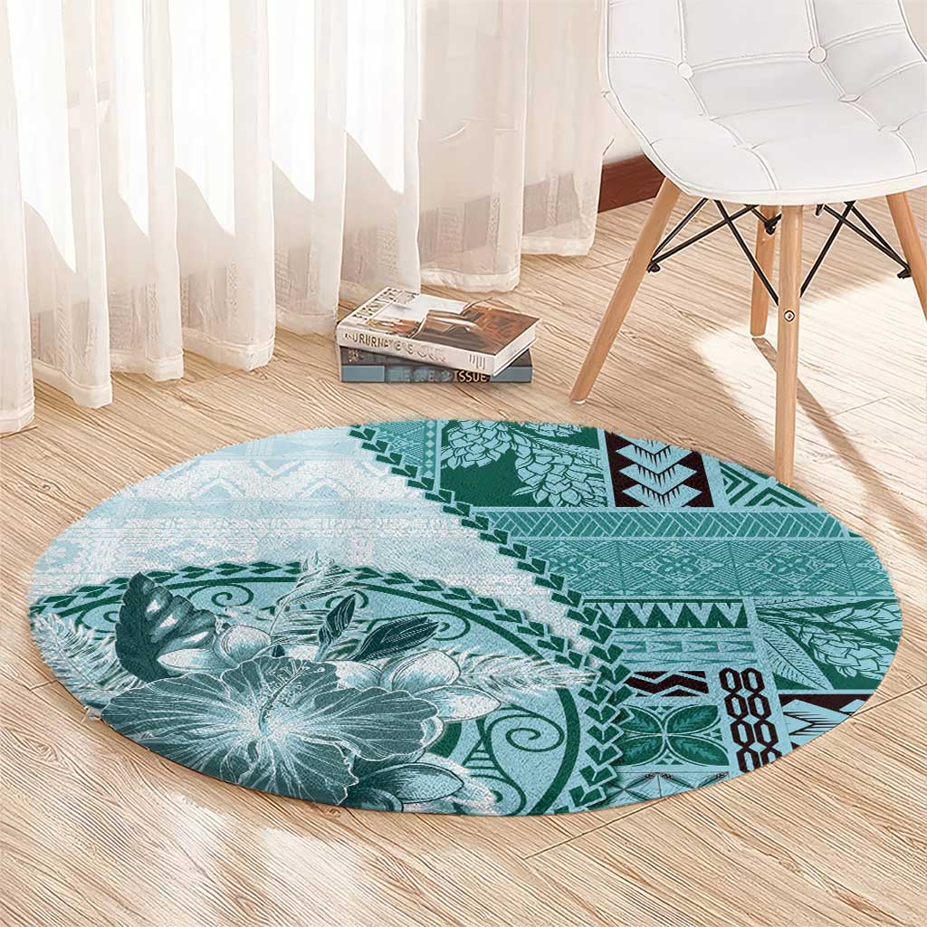 Samoa Siapo Elegant Round Carpet Hibiscus Teal Motifs - Polynesian Pride