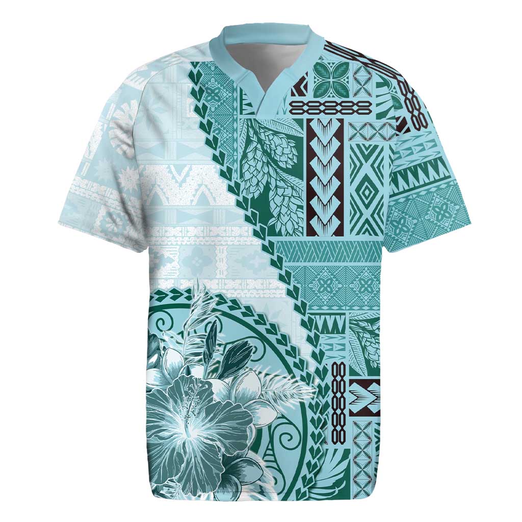 Samoa Siapo Elegant Rugby Jersey Hibiscus Teal Motifs - Polynesian Pride