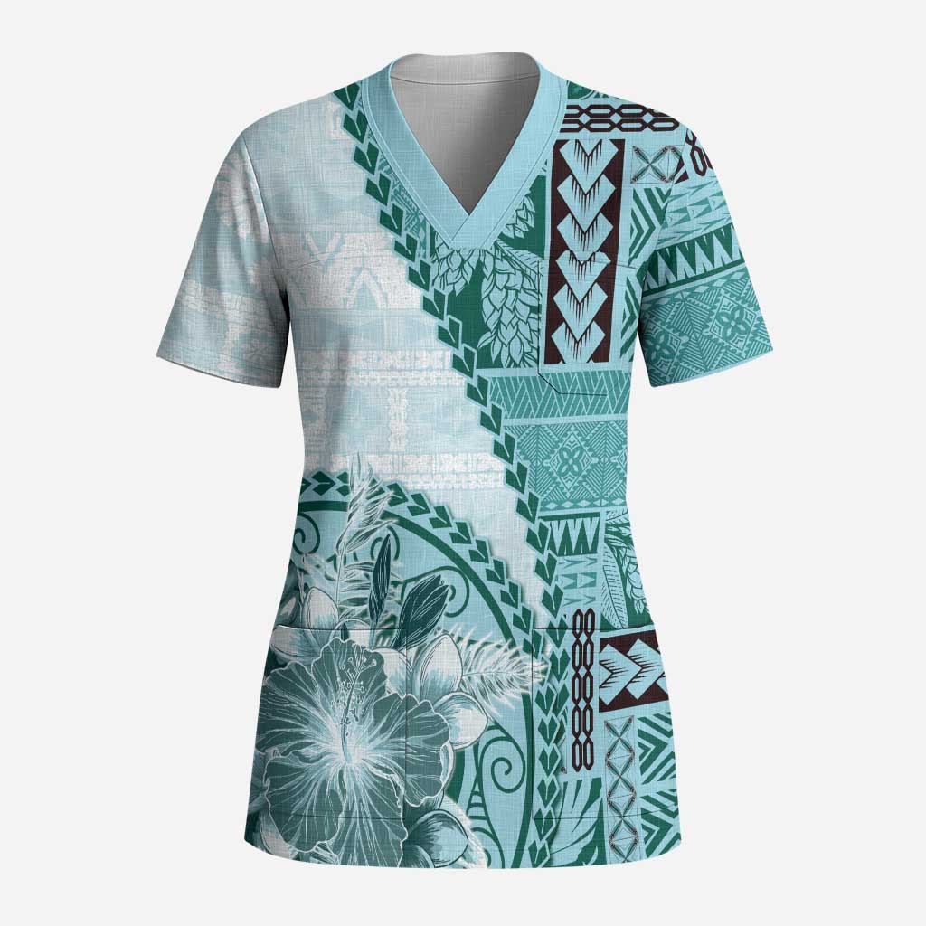 Samoa Siapo Elegant Scrub Top Hibiscus Teal Motifs - Polynesian Pride