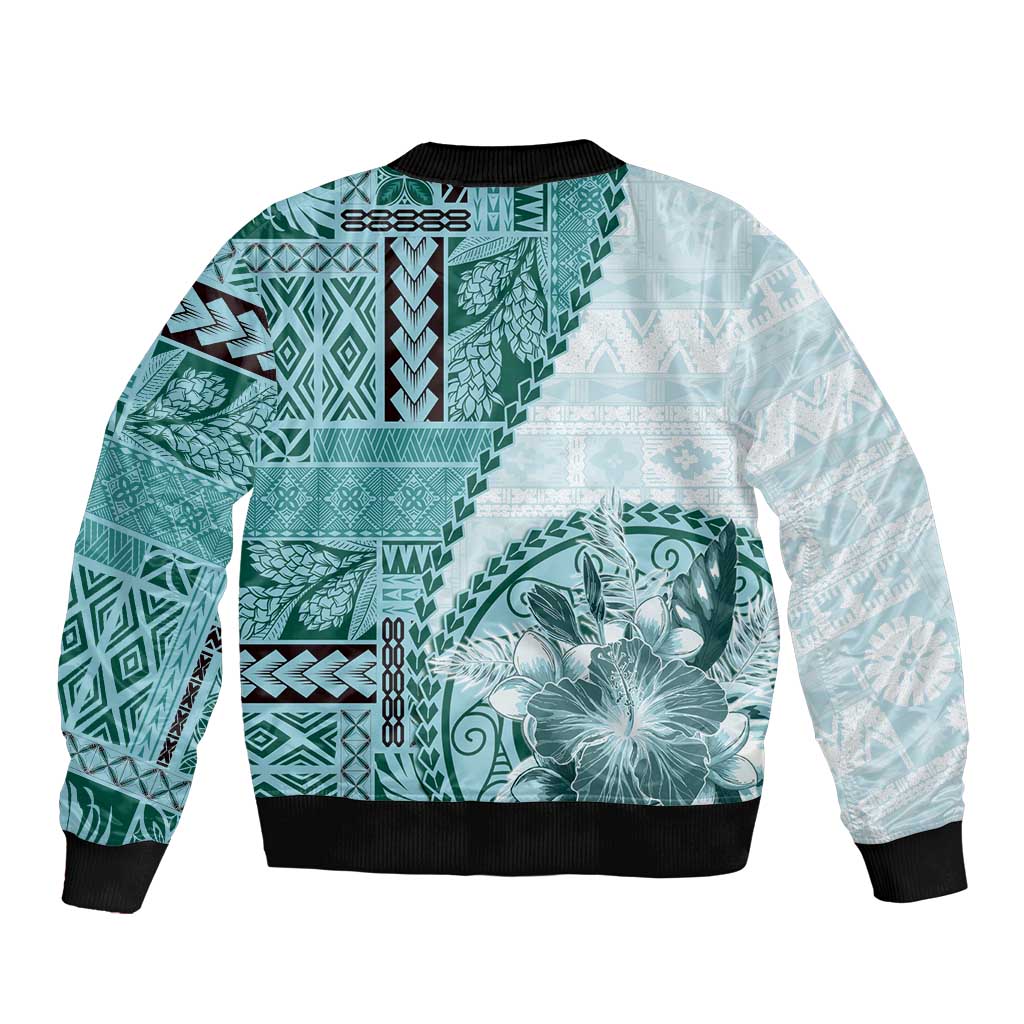 Samoa Siapo Elegant Sleeve Zip Bomber Jacket Hibiscus Teal Motifs LT05 - Polynesian Pride