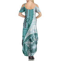 Samoa Siapo Elegant Summer Maxi Dress Hibiscus Teal Motifs - Polynesian Pride