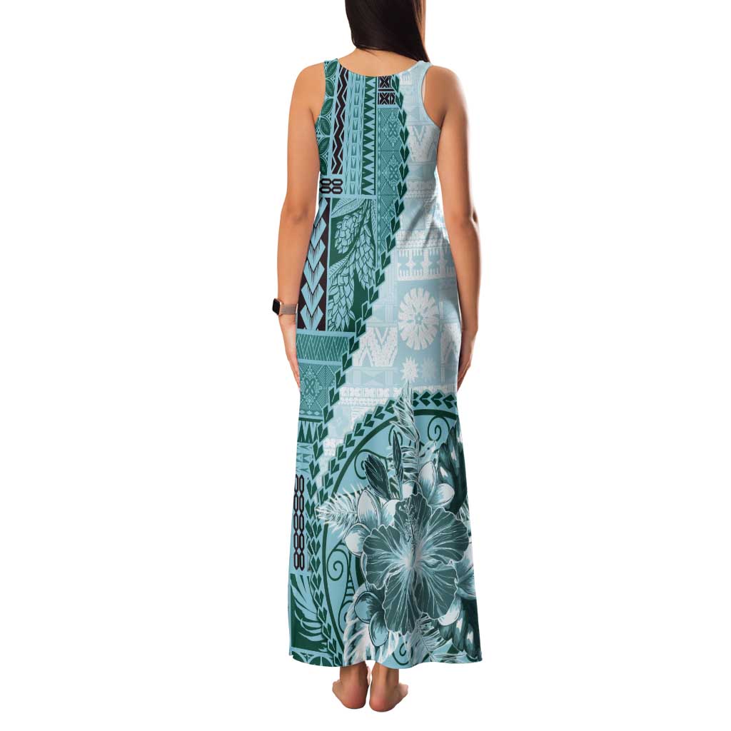 Samoa Siapo Elegant Tank Maxi Dress Hibiscus Teal Motifs - Polynesian Pride