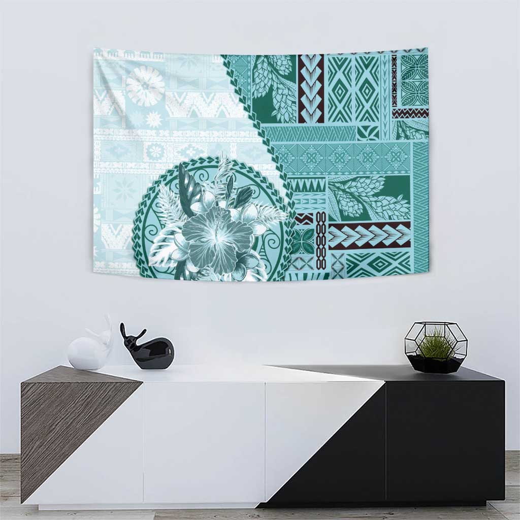 Samoa Siapo Elegant Tapestry Hibiscus Teal Motifs - Polynesian Pride