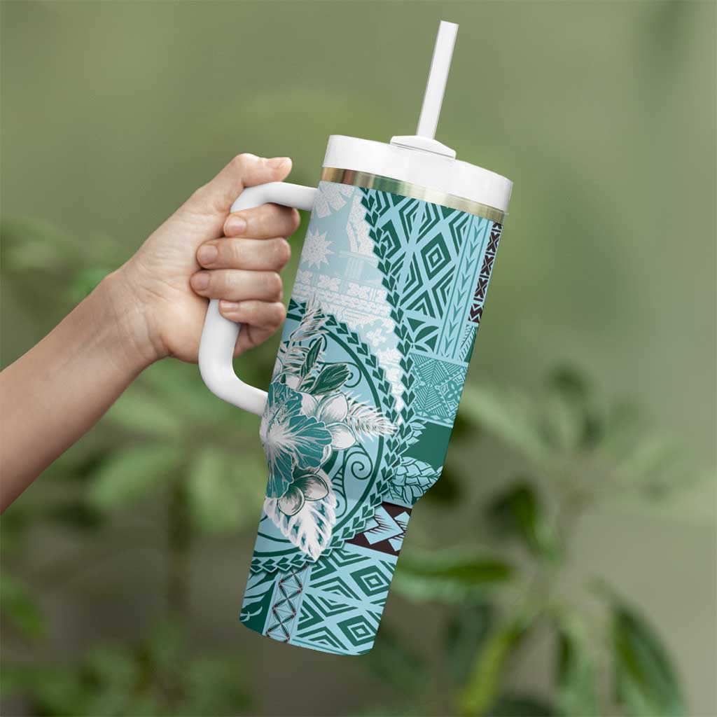 Samoa Siapo Elegant Tumbler With Handle Hibiscus Teal Motifs - Polynesian Pride