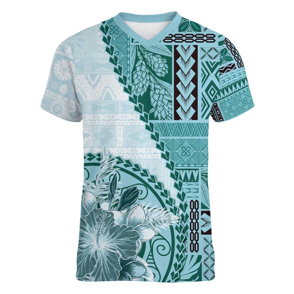 Samoa Siapo Elegant Women V-Neck T-Shirt Hibiscus Teal Motifs - Polynesian Pride