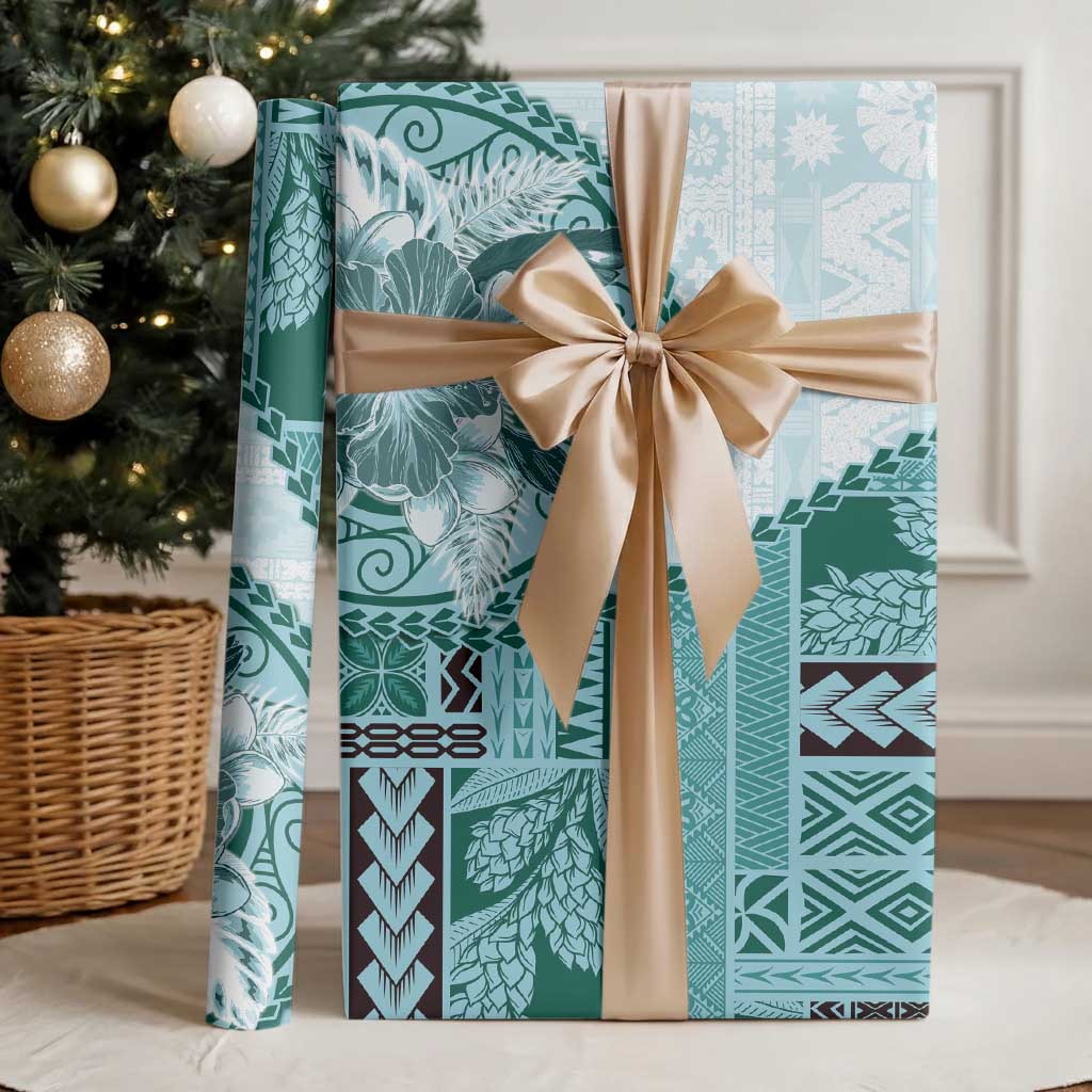 Samoa Siapo Elegant Wrapping Paper Hibiscus Teal Motifs - Polynesian Pride