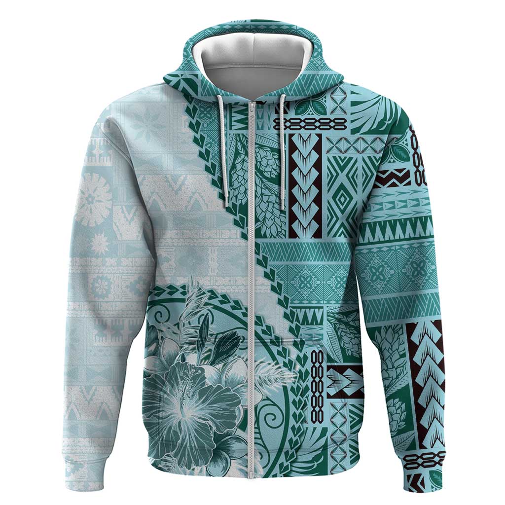 Samoa Siapo Elegant Zip Hoodie Hibiscus Teal Motifs - Polynesian Pride