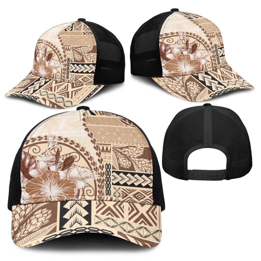 Samoa Siapo Elegant Baseball Net Cap Hibiscus Beige Motifs - Polynesian Pride
