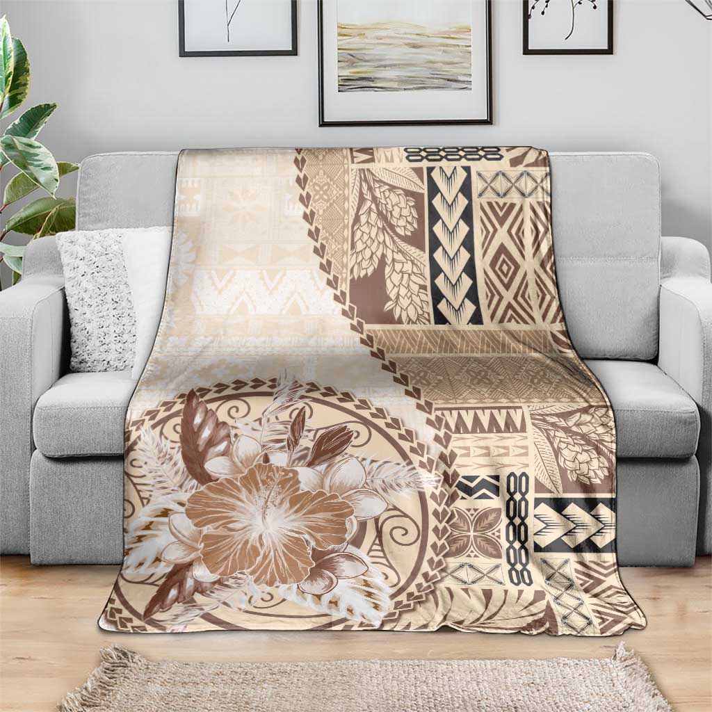 Samoa Siapo Elegant Blanket Hibiscus Beige Motifs - Polynesian Pride