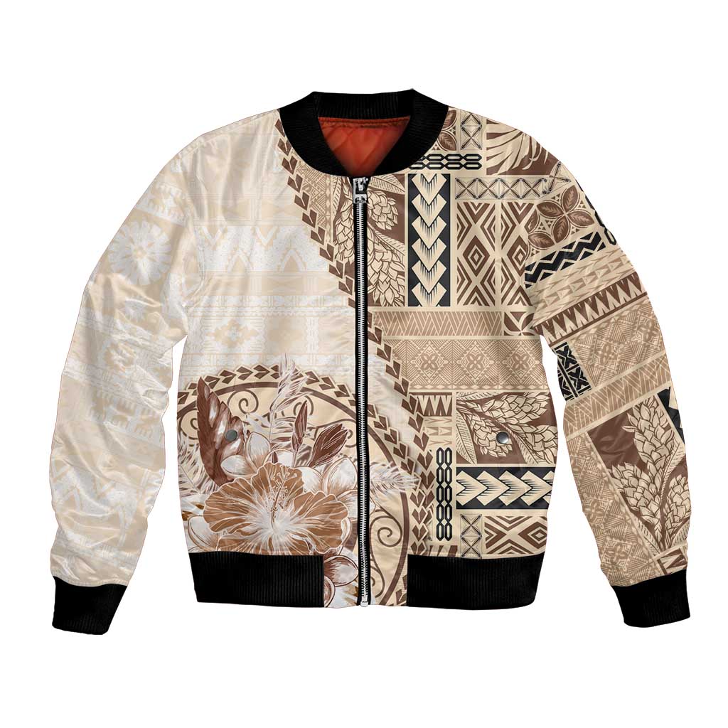 Samoa Siapo Elegant Bomber Jacket Hibiscus Beige Motifs LT05 Unisex Beige - Polynesian Pride