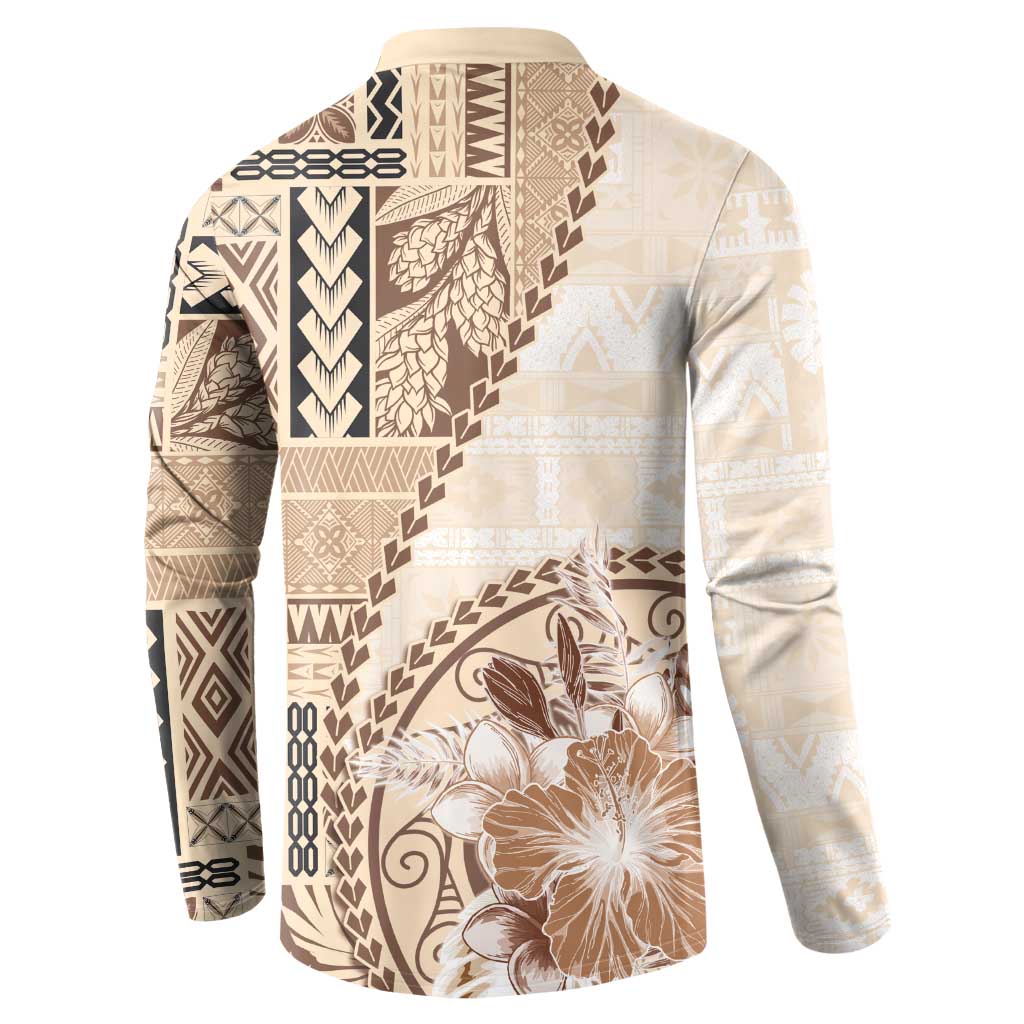 Samoa Siapo Elegant Button Sweatshirt Hibiscus Beige Motifs - Polynesian Pride