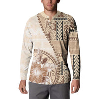 Samoa Siapo Elegant Button Sweatshirt Hibiscus Beige Motifs - Polynesian Pride