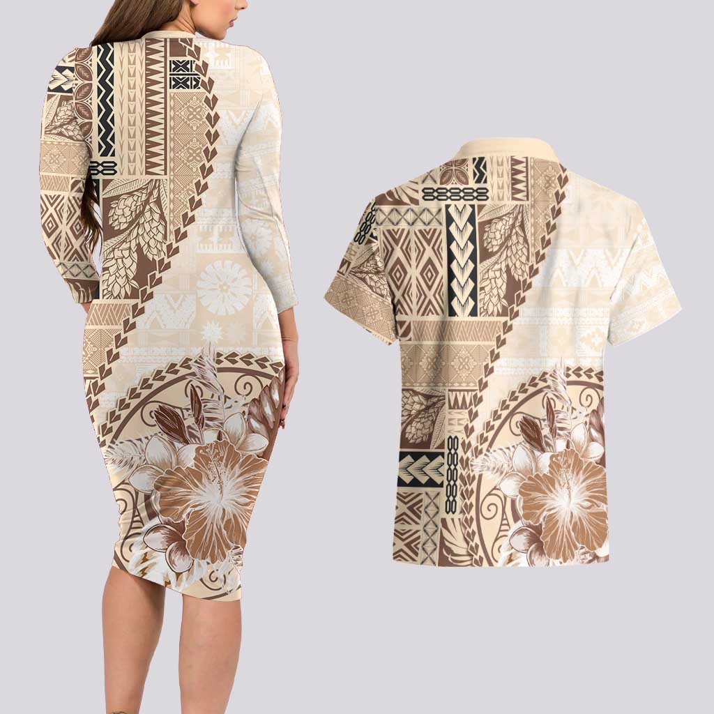 Samoa Siapo Elegant Couples Matching Long Sleeve Bodycon Dress and Hawaiian Shirt Hibiscus Beige Motifs - Polynesian Pride