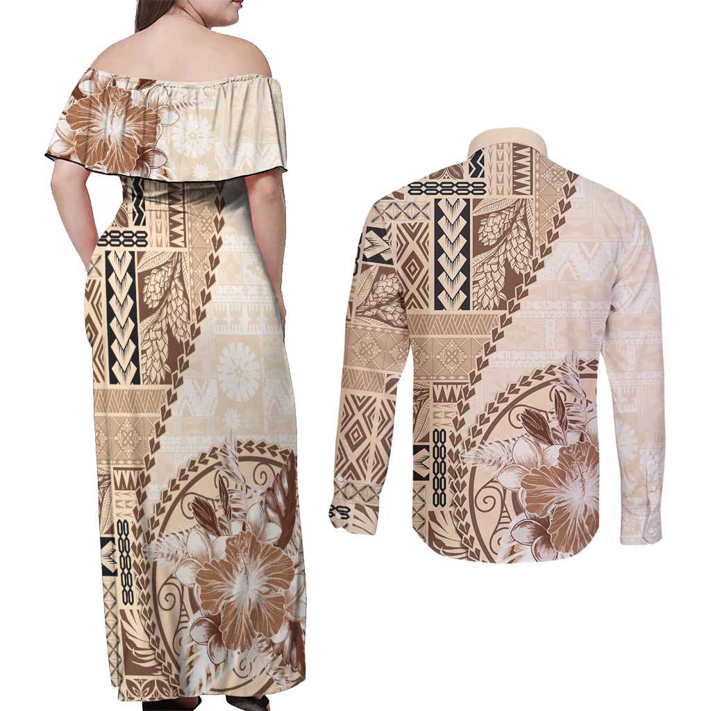 Samoa Siapo Elegant Couples Matching Off Shoulder Maxi Dress and Long Sleeve Button Shirt Hibiscus Beige Motifs - Polynesian Pride