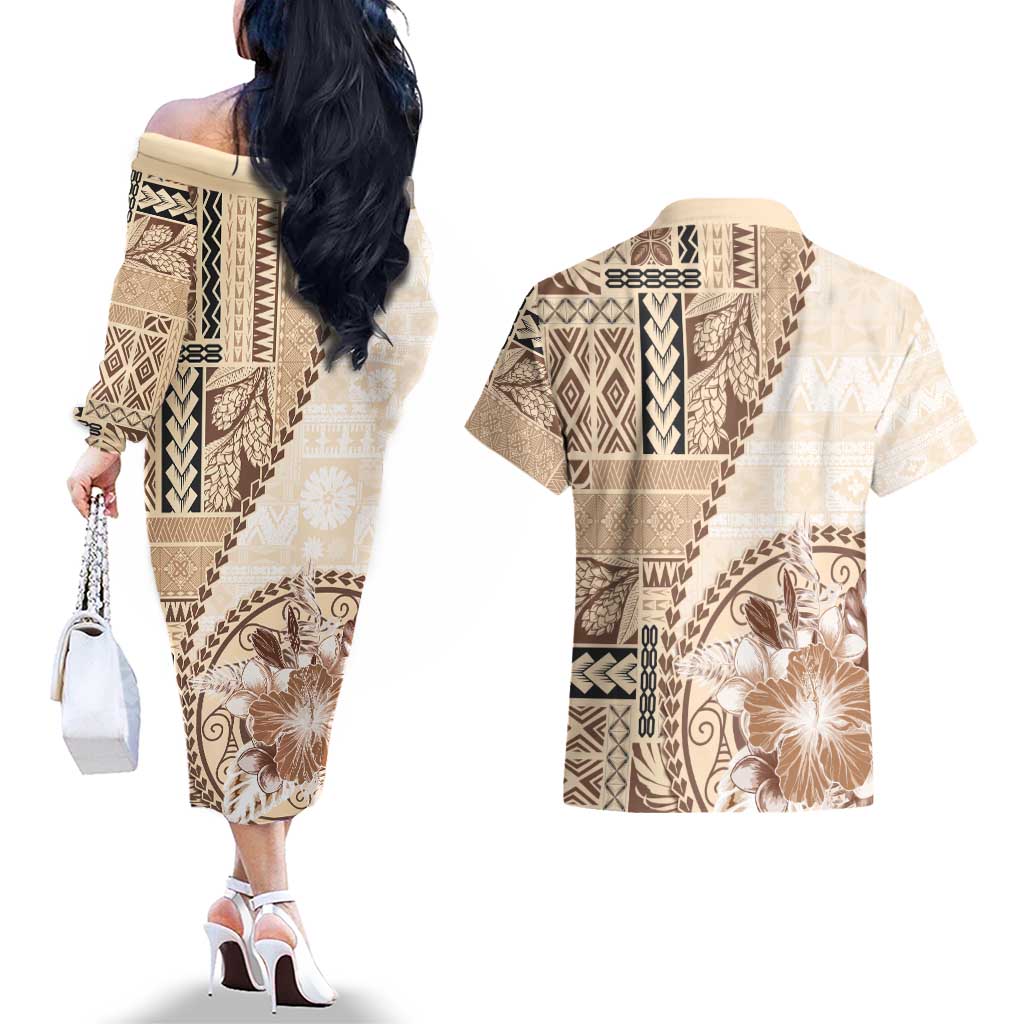 Samoa Siapo Elegant Couples Matching Off The Shoulder Long Sleeve Dress and Hawaiian Shirt Hibiscus Beige Motifs - Polynesian Pride