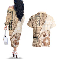 Samoa Siapo Elegant Couples Matching Off The Shoulder Long Sleeve Dress and Hawaiian Shirt Hibiscus Beige Motifs - Polynesian Pride