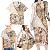 Samoa Siapo Elegant Family Matching Long Sleeve Bodycon Dress and Hawaiian Shirt Hibiscus Beige Motifs - Polynesian Pride