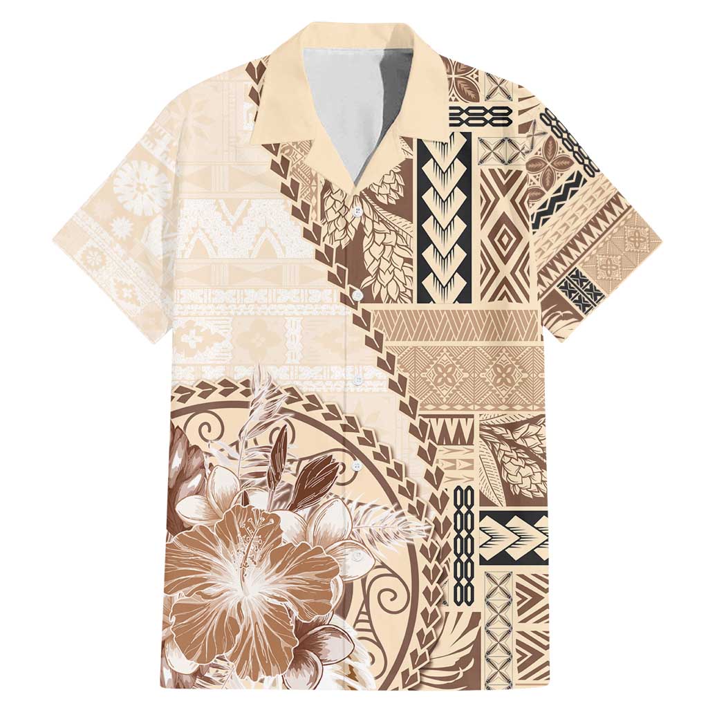 Samoa Siapo Elegant Family Matching Mermaid Dress and Hawaiian Shirt Hibiscus Beige Motifs - Polynesian Pride
