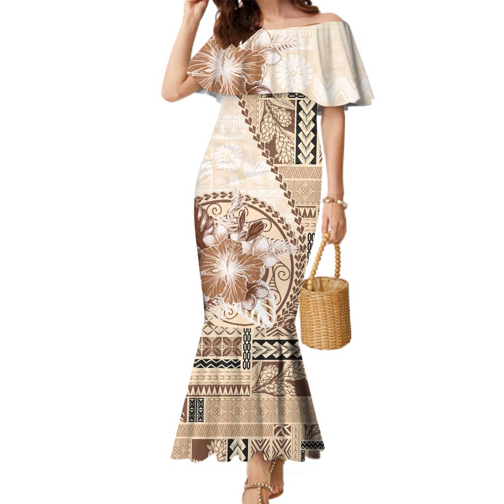 Samoa Siapo Elegant Family Matching Mermaid Dress and Hawaiian Shirt Hibiscus Beige Motifs - Polynesian Pride
