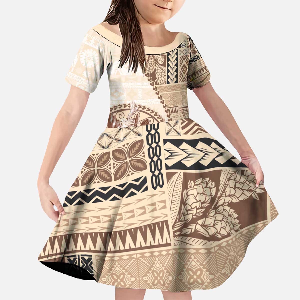 Samoa Siapo Elegant Family Matching Off The Shoulder Long Sleeve Dress and Hawaiian Shirt Hibiscus Beige Motifs - Polynesian Pride