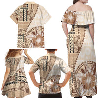 Samoa Siapo Elegant Family Matching Off Shoulder Maxi Dress and Hawaiian Shirt Hibiscus Beige Motifs - Polynesian Pride
