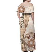 Samoa Siapo Elegant Family Matching Off Shoulder Maxi Dress and Hawaiian Shirt Hibiscus Beige Motifs - Polynesian Pride