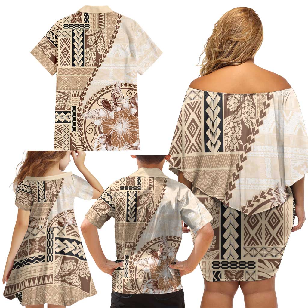 Samoa Siapo Elegant Family Matching Off Shoulder Short Dress and Hawaiian Shirt Hibiscus Beige Motifs - Polynesian Pride