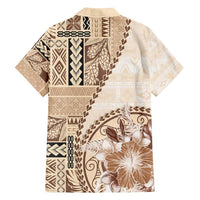 Samoa Siapo Elegant Family Matching Off Shoulder Short Dress and Hawaiian Shirt Hibiscus Beige Motifs - Polynesian Pride