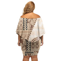 Samoa Siapo Elegant Family Matching Off Shoulder Short Dress and Hawaiian Shirt Hibiscus Beige Motifs - Polynesian Pride