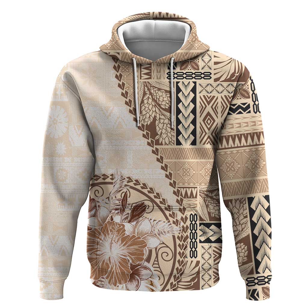 Samoa Siapo Elegant Hoodie Hibiscus Beige Motifs - Polynesian Pride