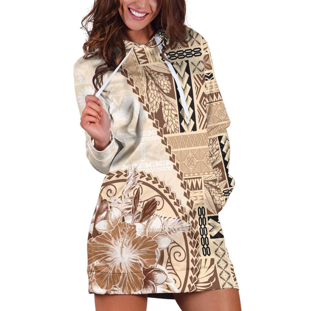 Samoa Siapo Elegant Hoodie Dress Hibiscus Beige Motifs LT05 Beige - Polynesian Pride