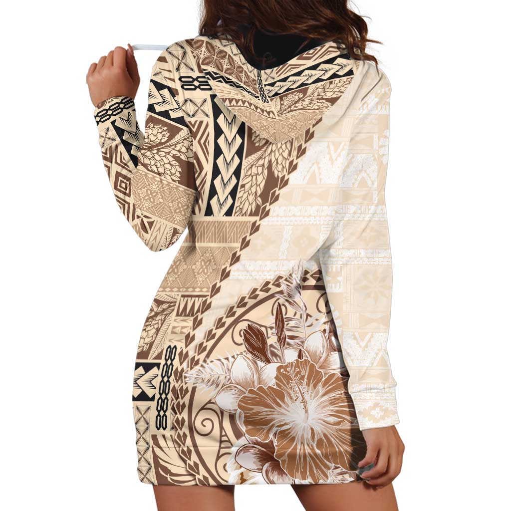 Samoa Siapo Elegant Hoodie Dress Hibiscus Beige Motifs LT05 - Polynesian Pride