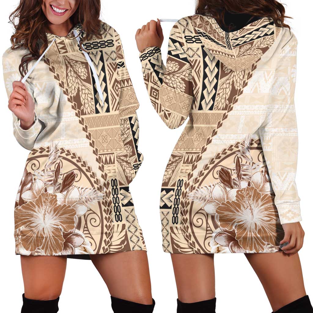 Samoa Siapo Elegant Hoodie Dress Hibiscus Beige Motifs LT05 - Polynesian Pride