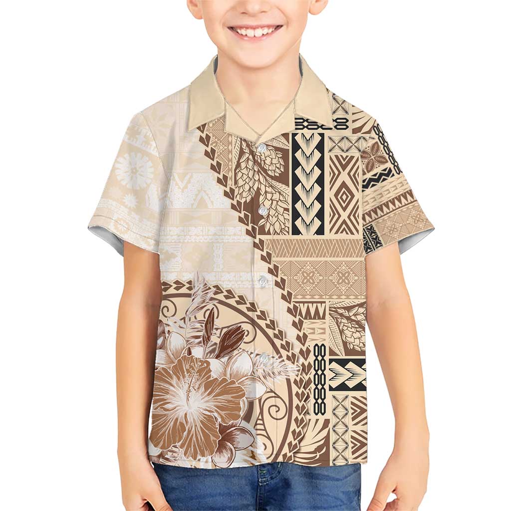 Samoa Siapo Elegant Kid Hawaiian Shirt Hibiscus Beige Motifs LT05 Kid Beige - Polynesian Pride
