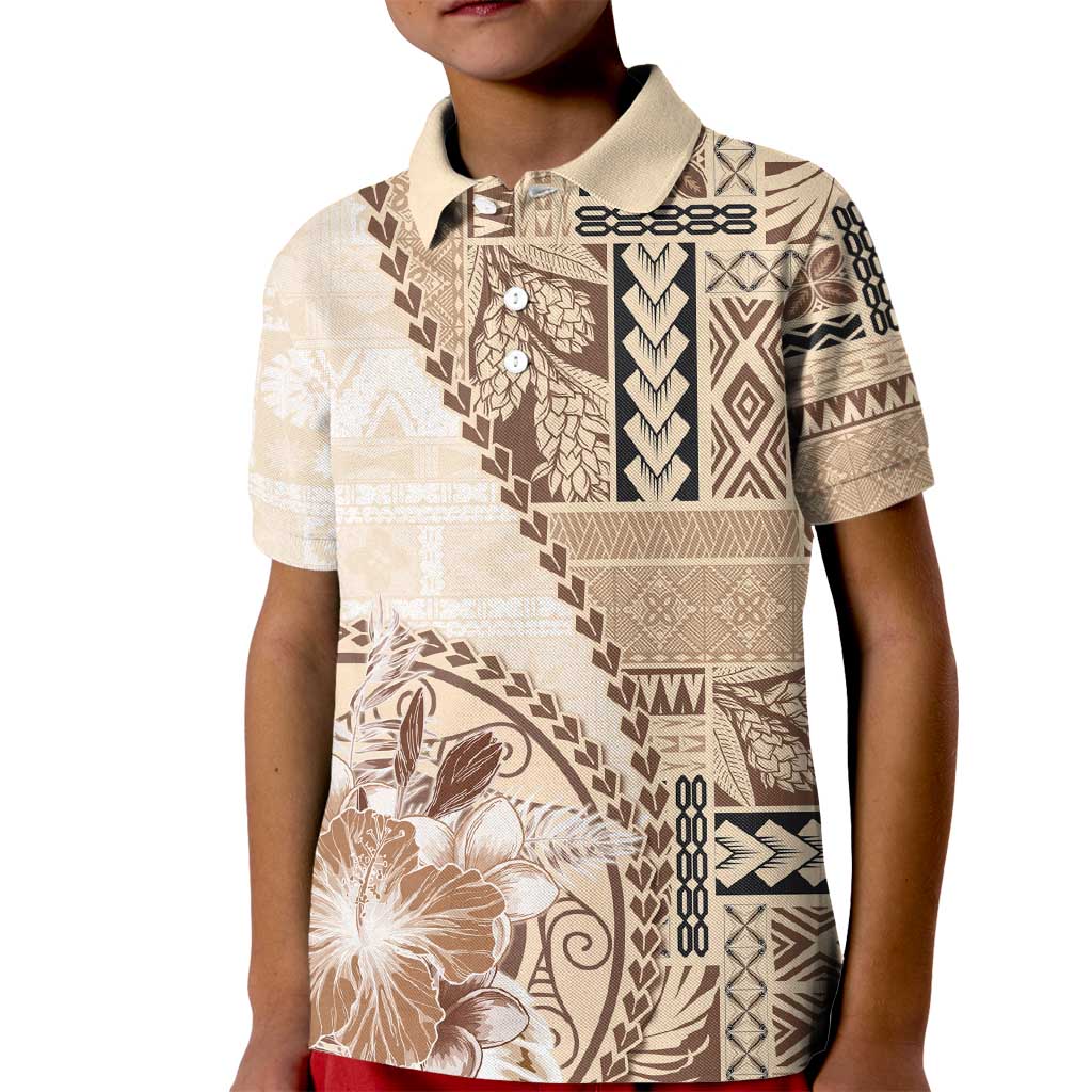 Samoa Siapo Elegant Kid Polo Shirt Hibiscus Beige Motifs LT05 Kid Beige - Polynesian Pride