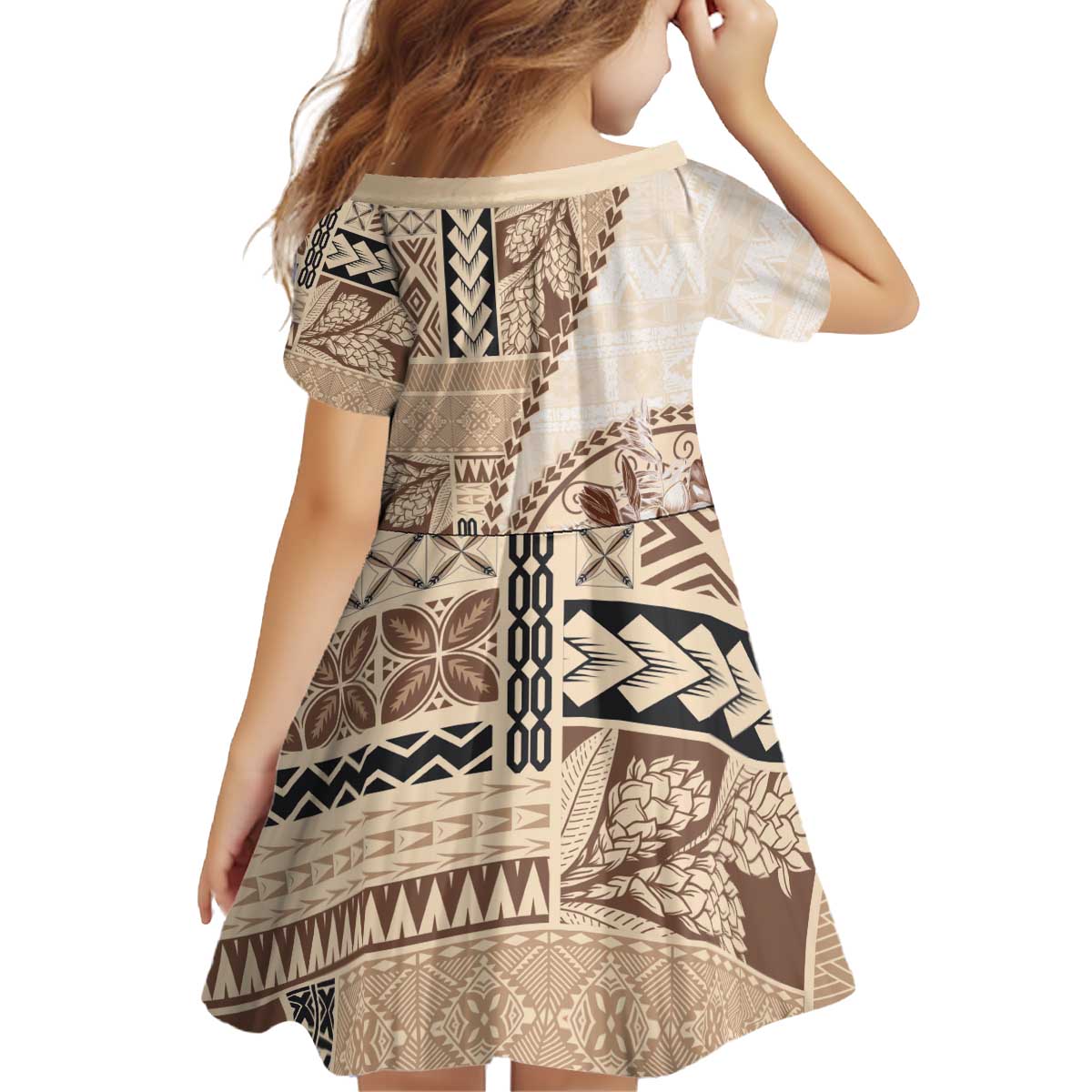 Samoa Siapo Elegant Kid Short Sleeve Dress Hibiscus Beige Motifs - Polynesian Pride