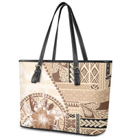 Samoa Siapo Elegant Leather Tote Bag Hibiscus Beige Motifs - Polynesian Pride