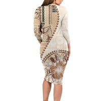 Samoa Siapo Elegant Long Sleeve Bodycon Dress Hibiscus Beige Motifs - Polynesian Pride