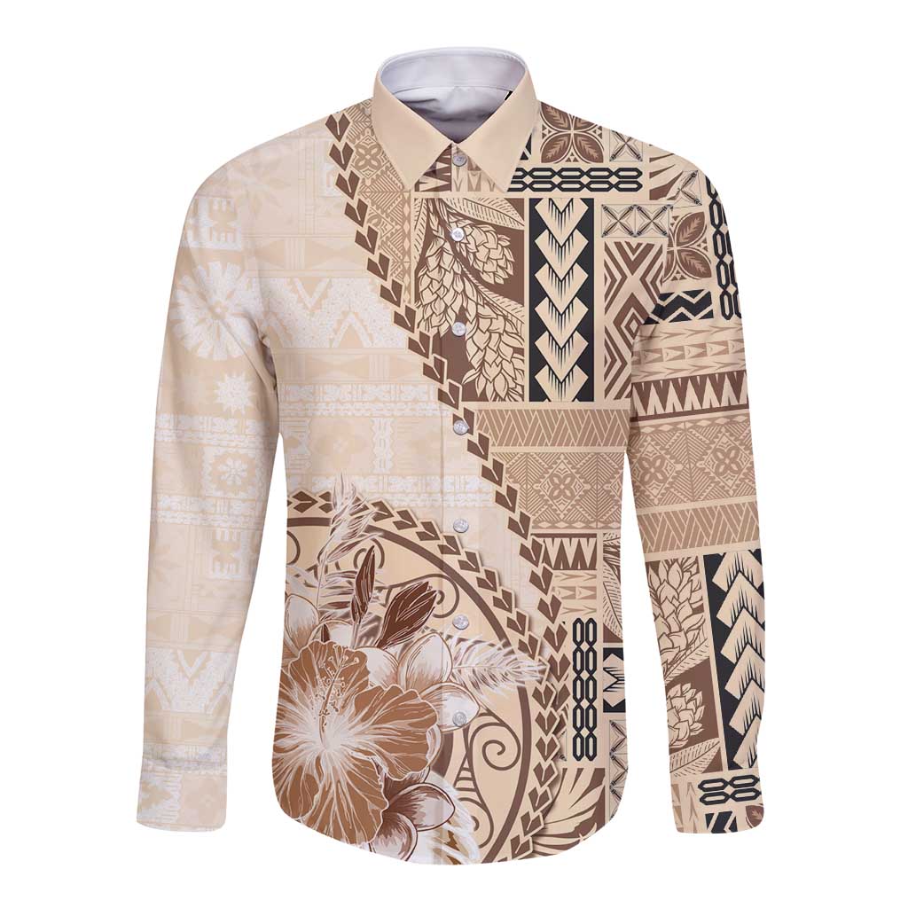Samoa Siapo Elegant Long Sleeve Button Shirt Hibiscus Beige Motifs - Polynesian Pride