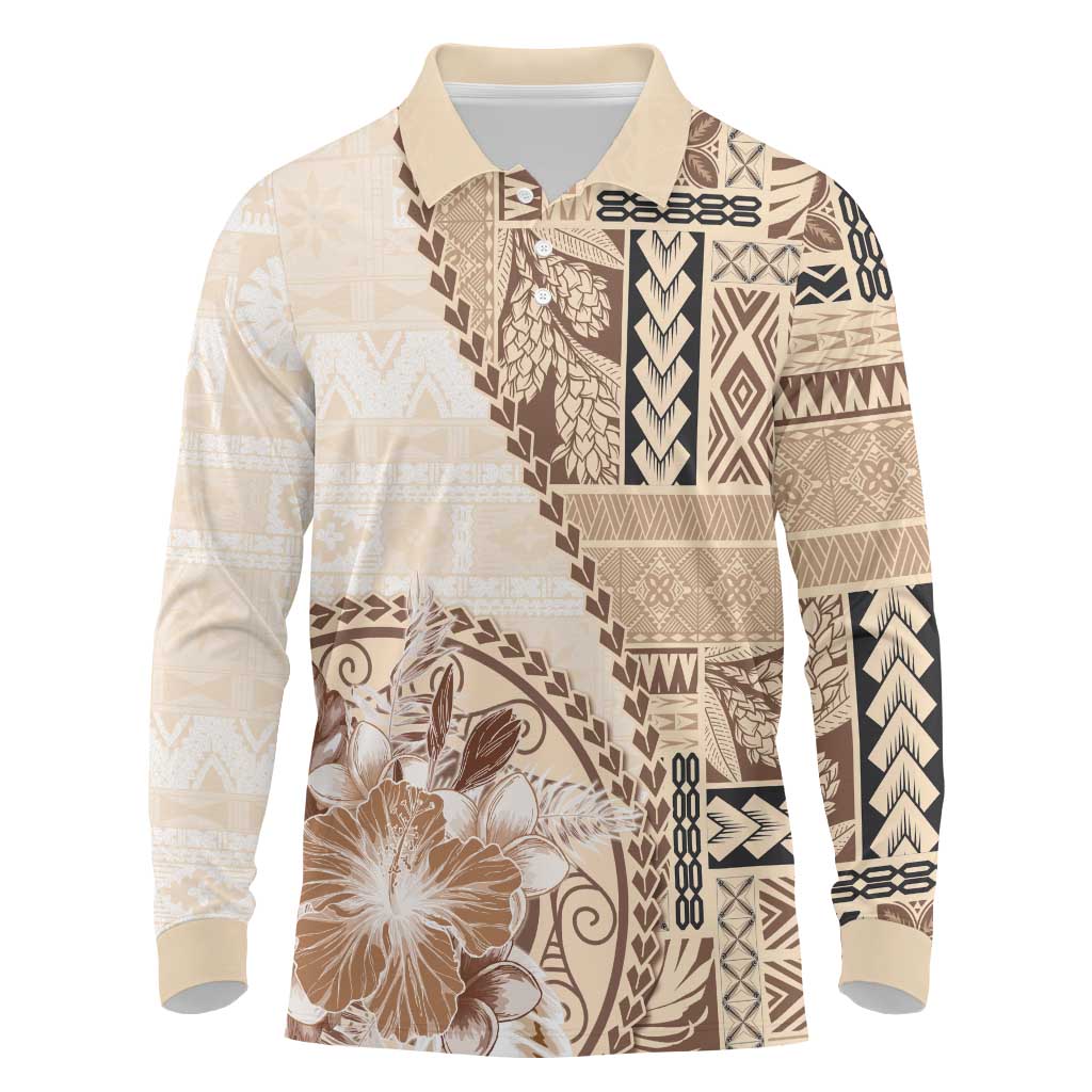 Samoa Siapo Elegant Long Sleeve Polo Shirt Hibiscus Beige Motifs LT05 Beige - Polynesian Pride