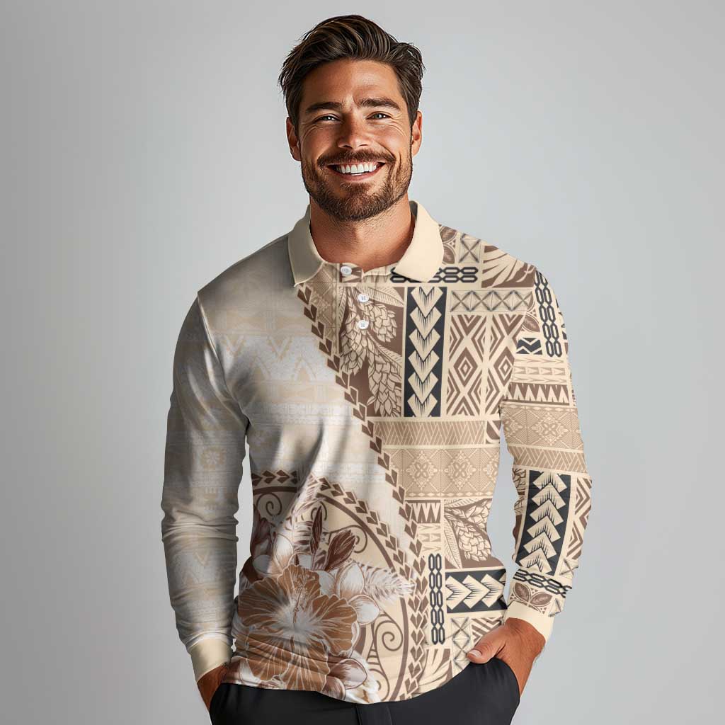 Samoa Siapo Elegant Long Sleeve Polo Shirt Hibiscus Beige Motifs LT05 - Polynesian Pride
