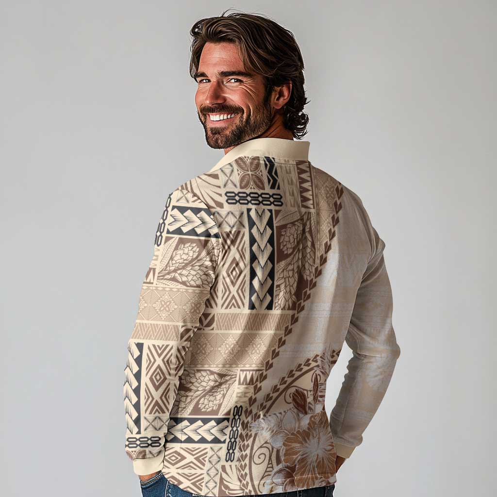 Samoa Siapo Elegant Long Sleeve Polo Shirt Hibiscus Beige Motifs LT05 - Polynesian Pride