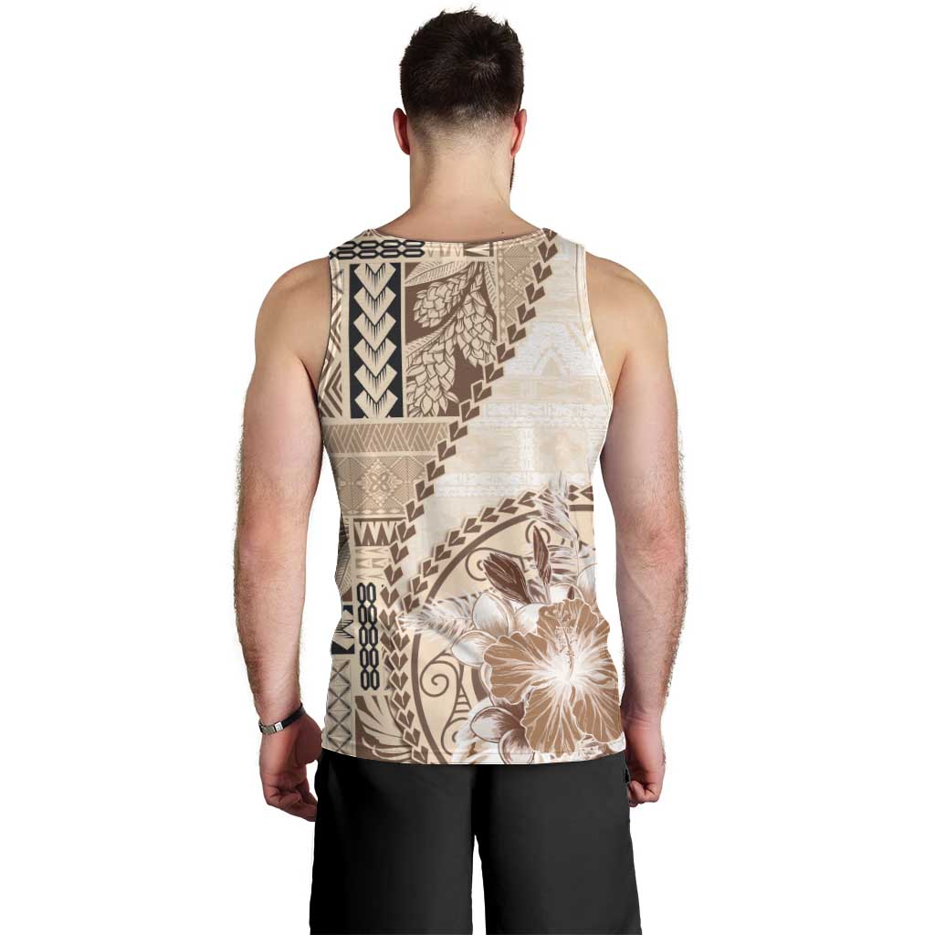 Samoa Siapo Elegant Men Tank Top Hibiscus Beige Motifs - Polynesian Pride