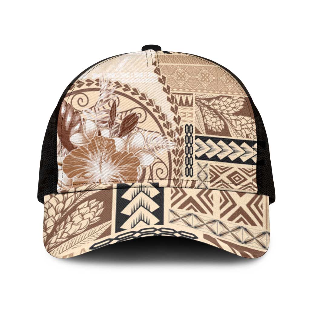 Samoa Siapo Elegant Mesh Trucker Cap Hibiscus Beige Motifs - Polynesian Pride