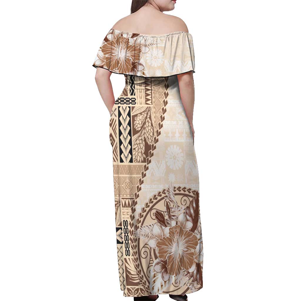 Samoa Siapo Elegant Off Shoulder Maxi Dress Hibiscus Beige Motifs - Polynesian Pride
