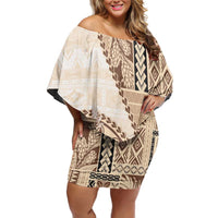 Samoa Siapo Elegant Off Shoulder Short Dress Hibiscus Beige Motifs - Polynesian Pride