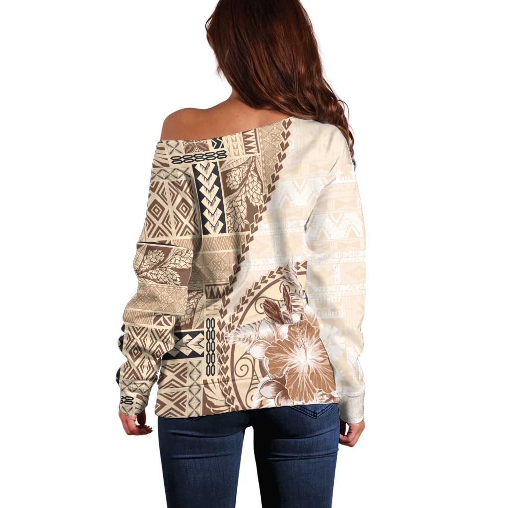Samoa Siapo Elegant Off Shoulder Sweater Hibiscus Beige Motifs - Polynesian Pride