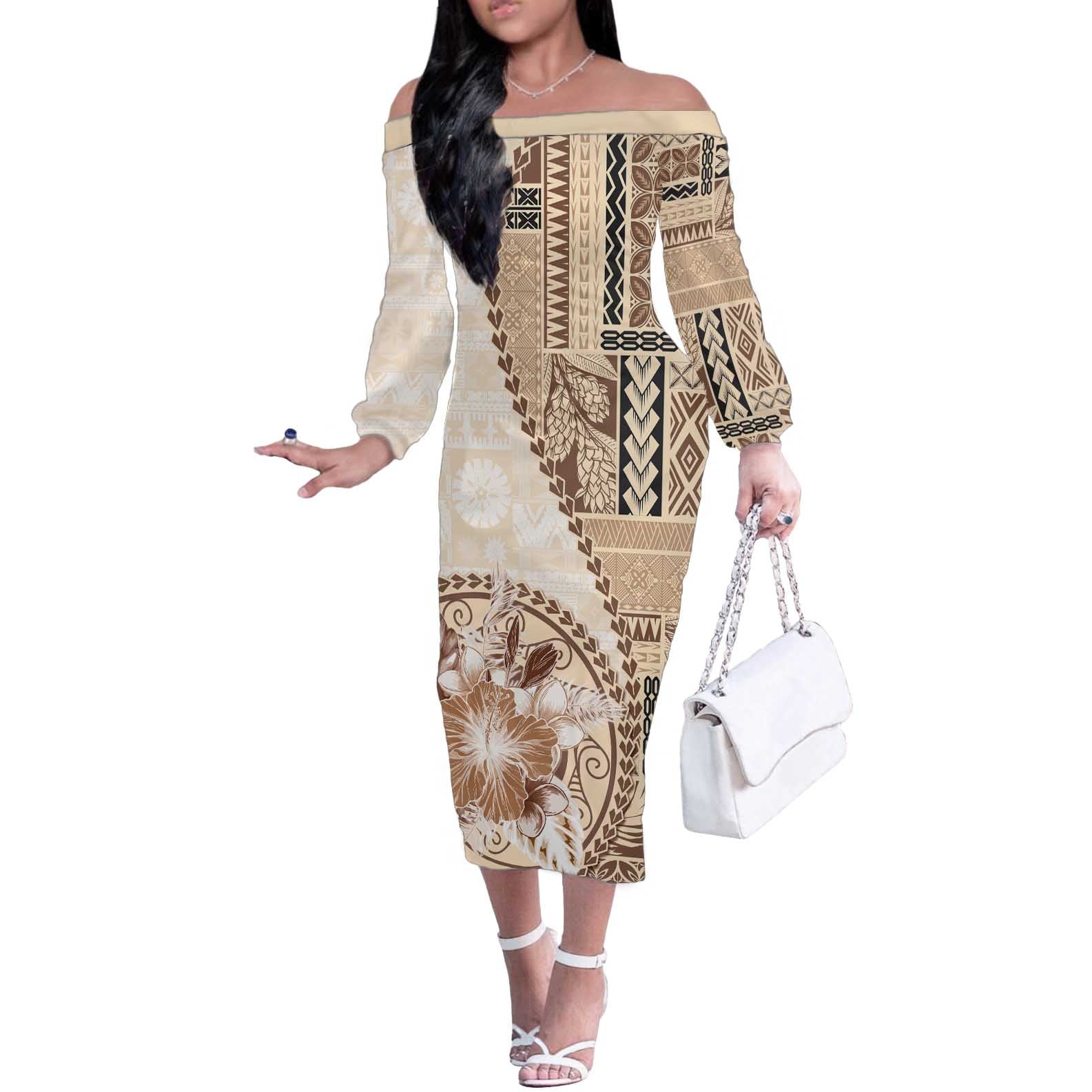 Samoa Siapo Elegant Off The Shoulder Long Sleeve Dress Hibiscus Beige Motifs - Polynesian Pride